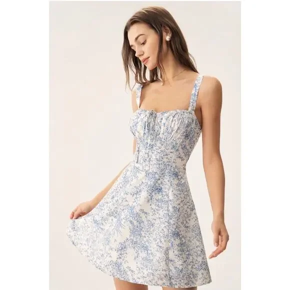 RIHOAS Blue Floral Ruched Slip Corset Mini Dress L - Picture 3 of 7